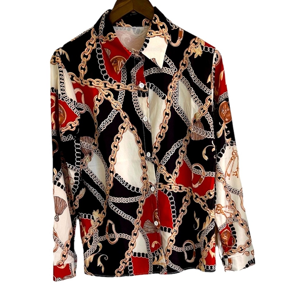 Shein long sleeve shirt button front chain, print women L